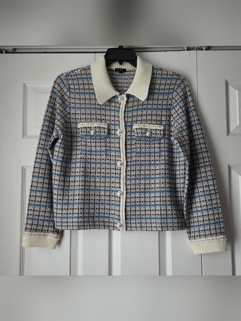 NWOT Talbots Cream and Blue Plaid Tweed Sweater Jacket Size L - Picture 3 of 14